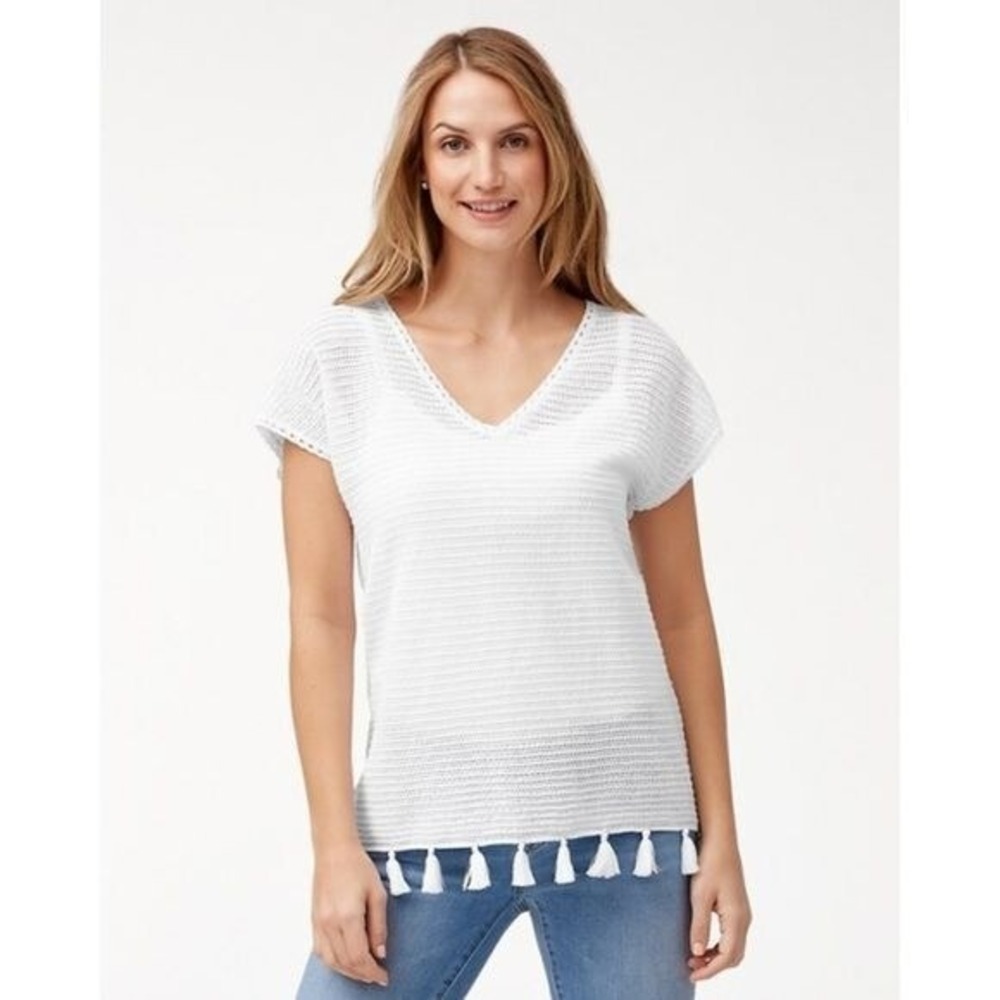 NWT Tommy Bahama White Knit Tassel Hem Tunic V-Neck Sweater Vest S